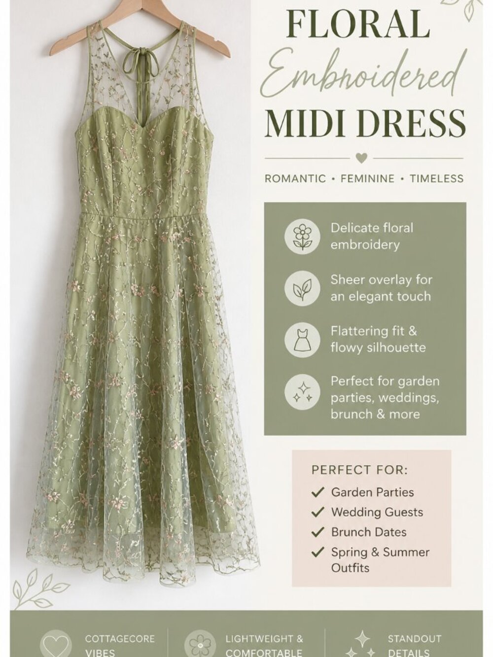 Floral Embroidered Midi Dress in Sage Green